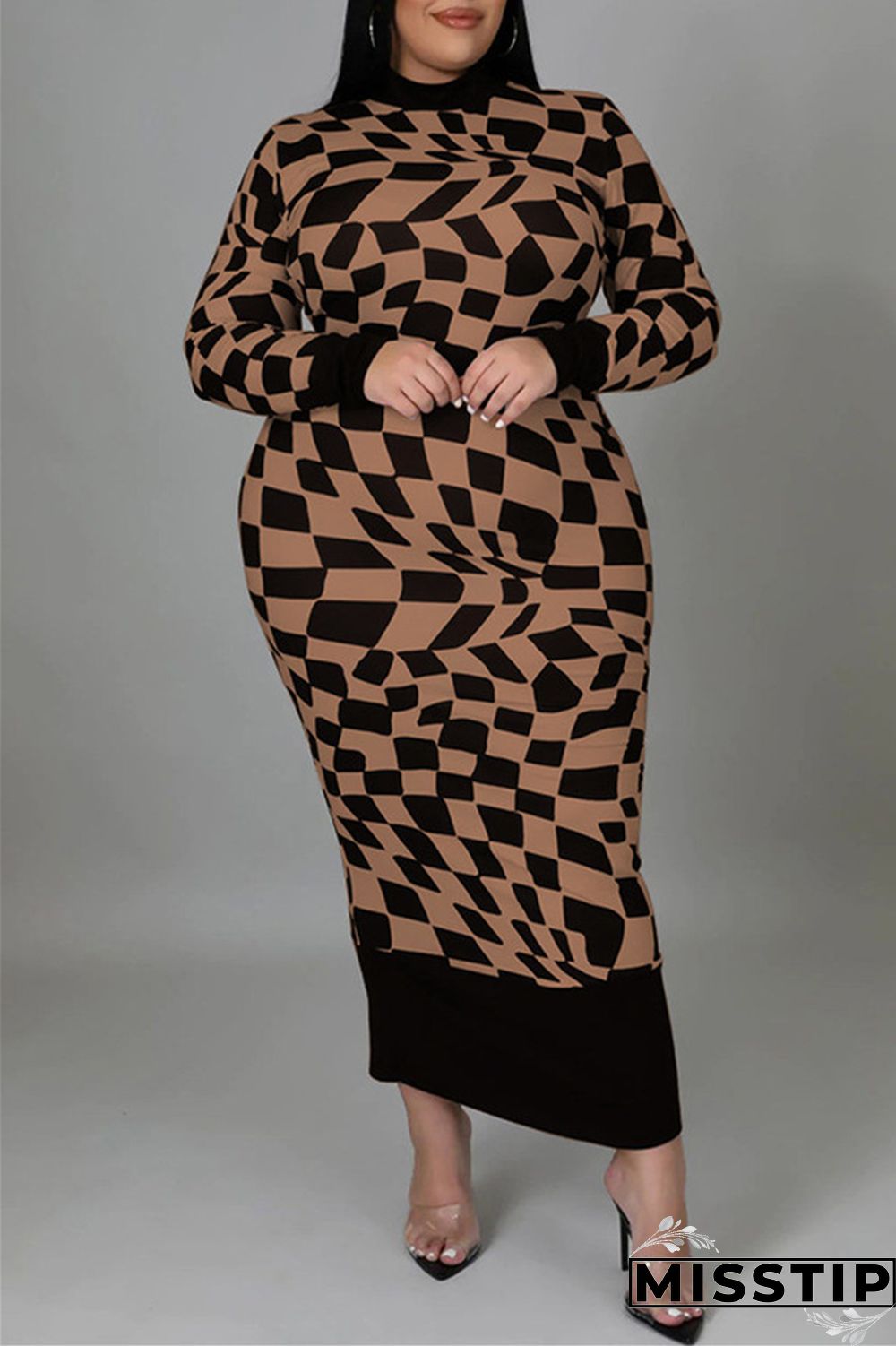 Yellow Casual Plaid Print Patchwork Half A Turtleneck Long Sleeve Plus Size Dresses