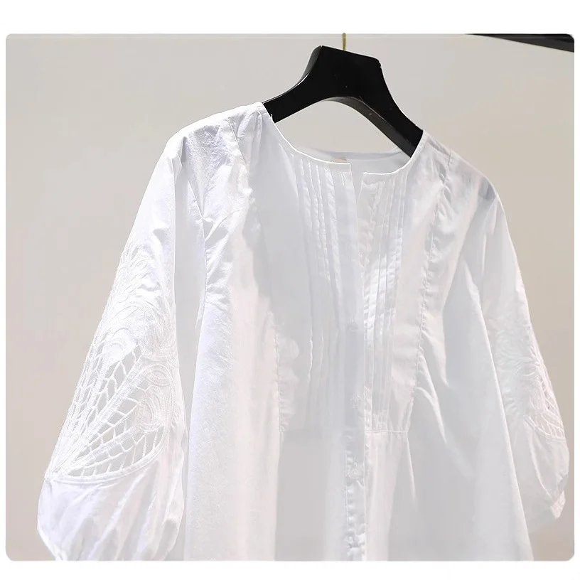 Uveng Uveng Embroidered Seven-Sleeved White Cotton Shirt Women Loose Thin Shirt 2025 Summer Korean Version Of The Top