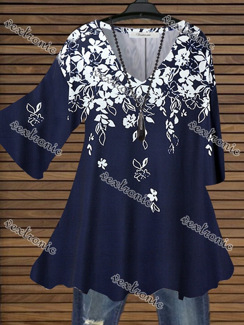 Women Dark Blue Half Sleeve V-neck Printed Top