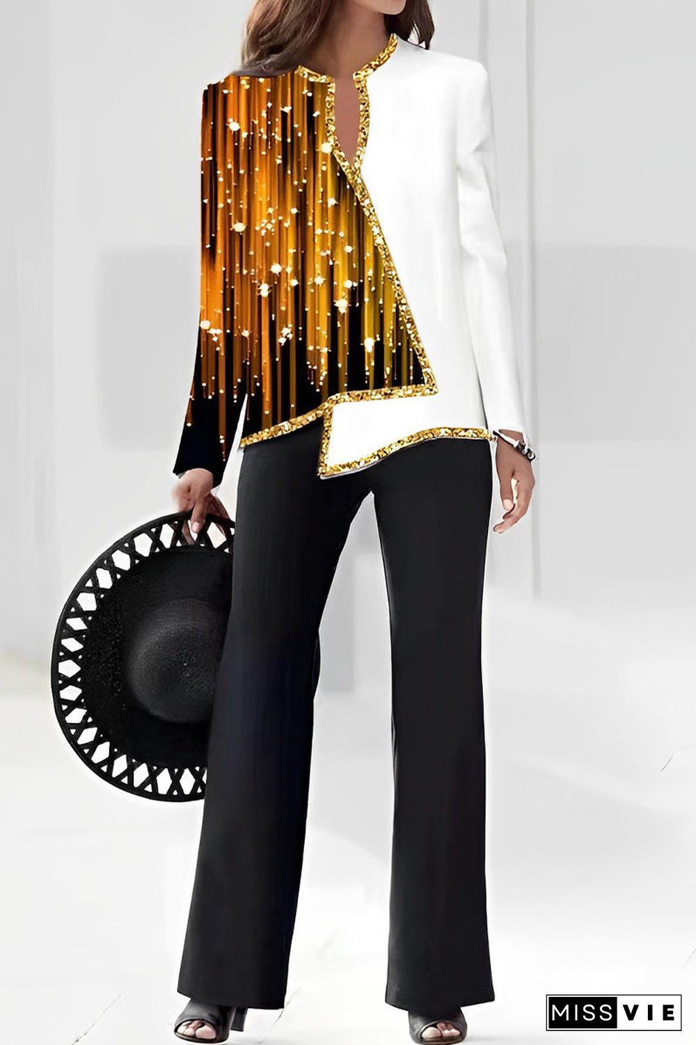 Casual Print Asymmetrical V Neck Long Sleeve Two Pieces