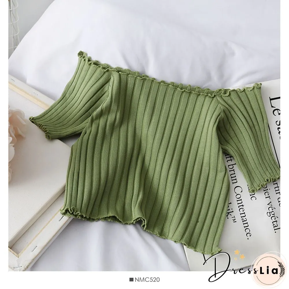 Heliar Women Tees Founce Hem T-Shirts Knitted Candy Crop Tops Short Sleeve T-Shirts For Women Tops Summer