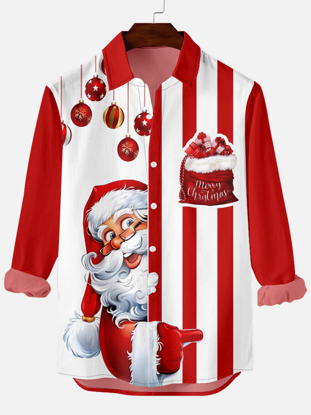 Christmas Santa Fun Striped Print Long Sleeve Shirt PLUSCLOTHESMAN