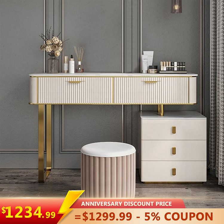 Homemys Postmodern Off White Makeup Vanity Dresser Table with Seat & Mirror Set