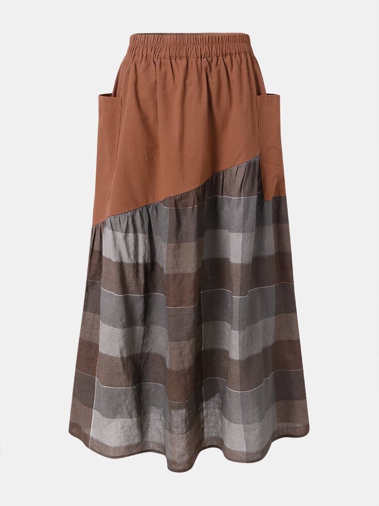 Plaid Print Patchwork Pocket Long Casual Skirt - Shop Trendy Women's Fashion | TeeYours