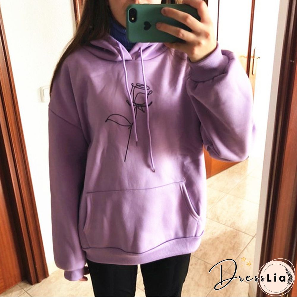 New Fashion Ladies Girls Cute Rose Flower Printed Hoodies Thin Fleece Long Sleeve Casual Pullovers Women Hooded Sweatshirts