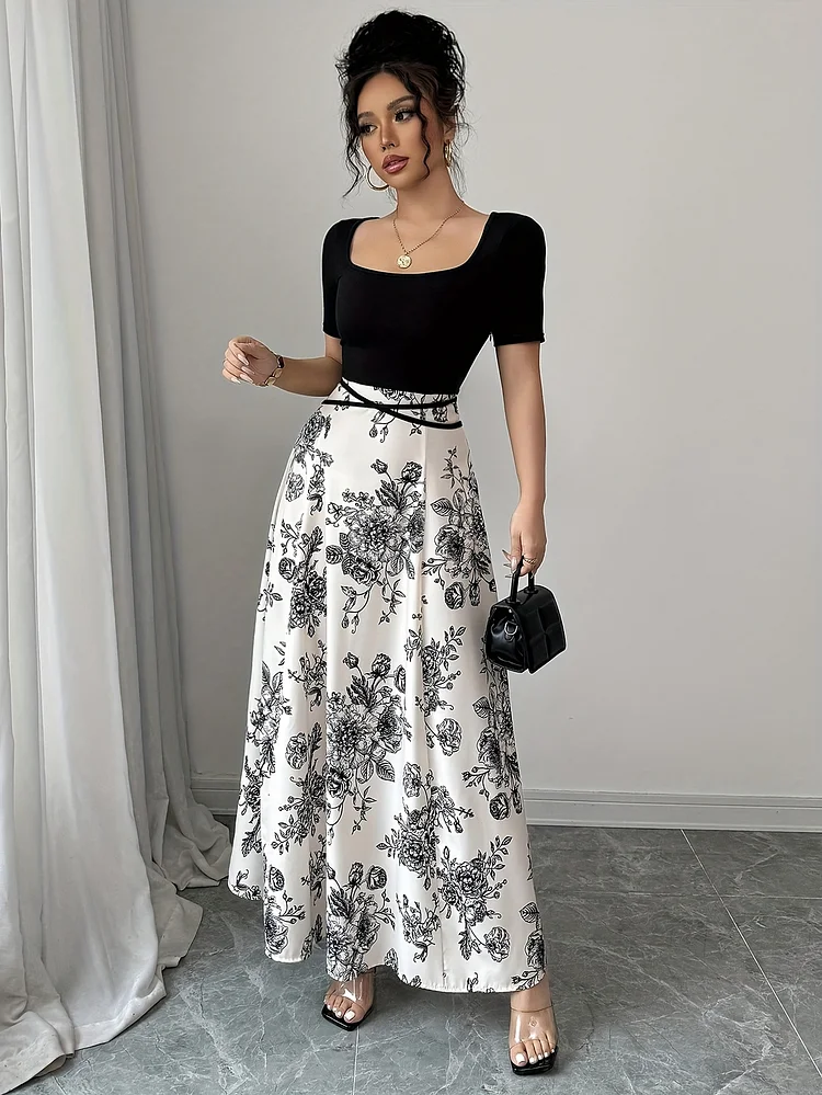 Women's Elegant Floral Print Dress - Square Neck, Short Sleeve, Flared Skirt, Perfect For Spring/Summer/Fall, Casual To Formal Attire, Casual Attire | Floral Print Dress | Square Neckline, Floral Print Dress