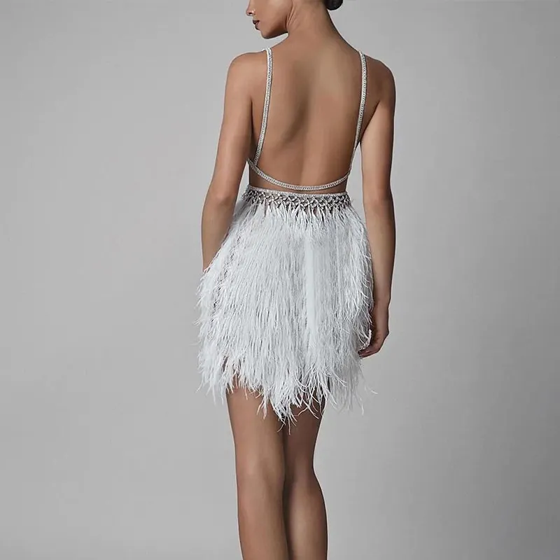 Uveng Uveng Autumn And Winter New Sling V Tie Feather Dress Sexy Women's Banquet Evening Dress