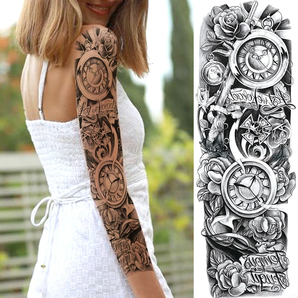 For Men Women Body Art Full Arm Sleeve Black Flower Tatoo Water Transfer Fake Tattoo Stickers Large Compass Temporary Tattoos