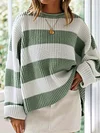 Elegant Women's Color Block Crew Neck Long Sleeve Sweater for Fall & Winter, Drop Shoulder Design