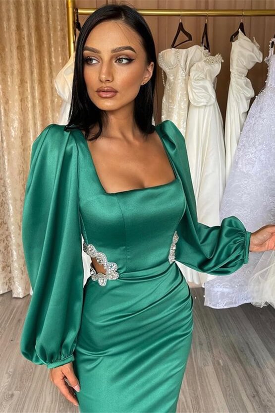 Miabel Pretty Sage Long Sleeves Square Mermaid Prom Dress With Applique