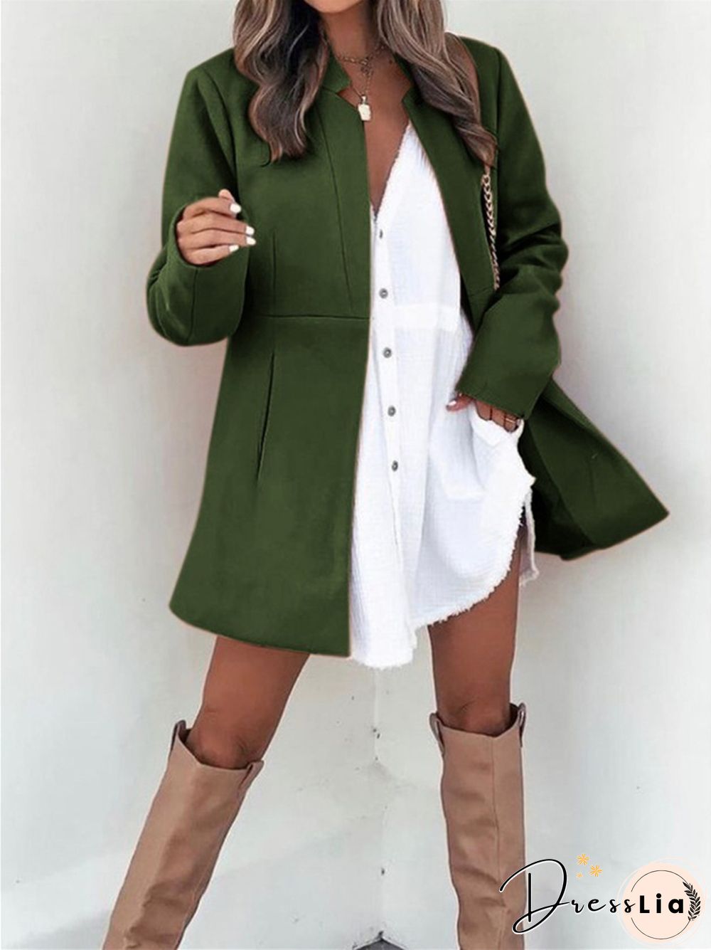 Solid Color Slim Long Sleeve Pocket Ladies Coat
