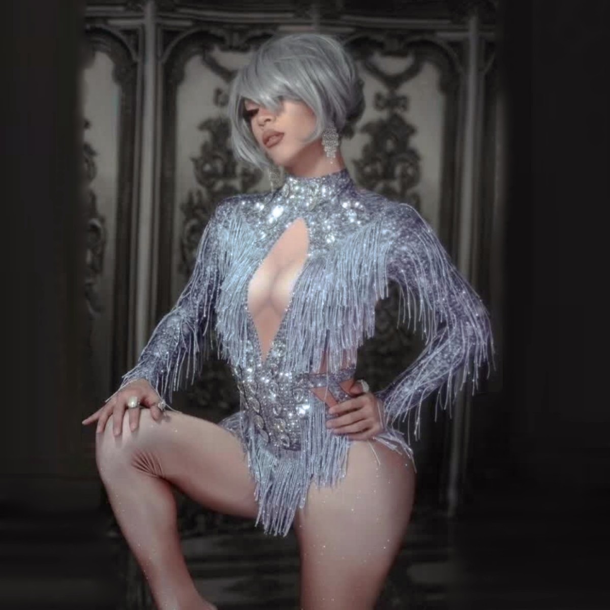 VCSHOES Sparkly Silver Crystals Fringes Dance Costume Rhinestones Gloves Tassel Bodysuit Party Stage Wear Dance Show Leotard