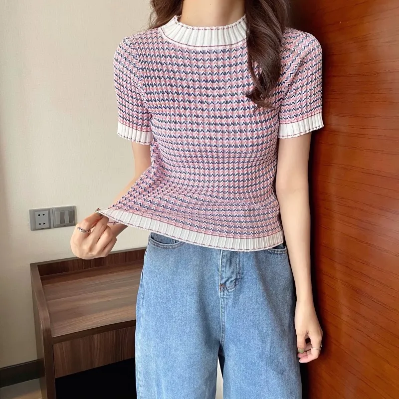 Uveng Uveng Summer New Korean Version Of The Impact Of The Wave Striped Ice Silk Bottom Shirt Short-Sleeved Knitted T-Shirt Tide