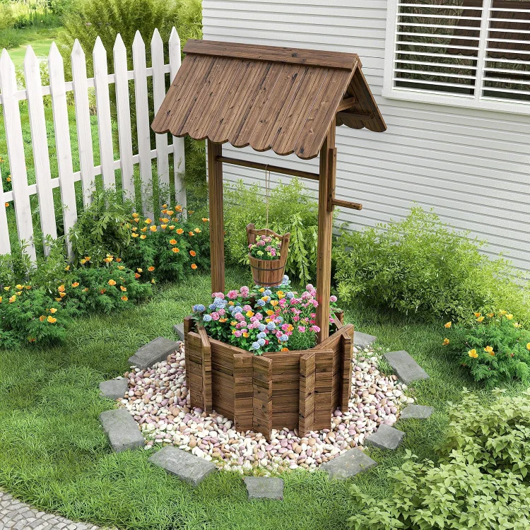 Wishing Wells for Outside, Wooden Wishing Well Planter for Yard, Upgrade Wishing Well with 4 Reinforced Rod & Hanging Bucket