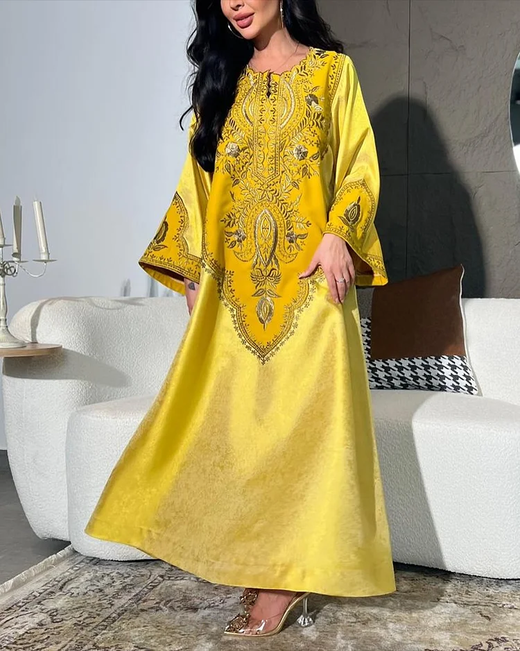 Women's Crew Neck Embroidered Kaftan Dress