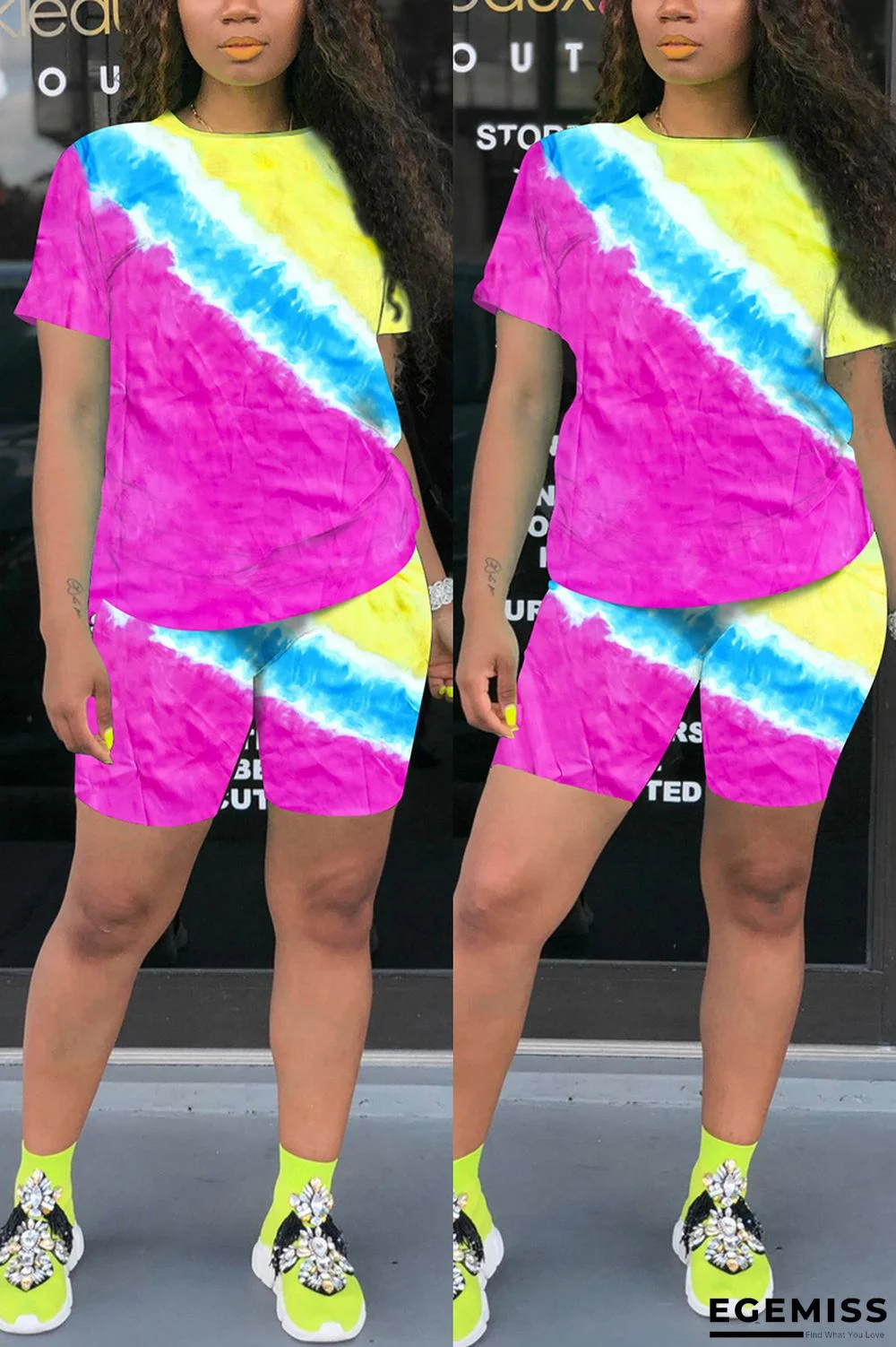 rose red Sexy Tie Dye pencil Short Sleeve Two Pieces | EGEMISS