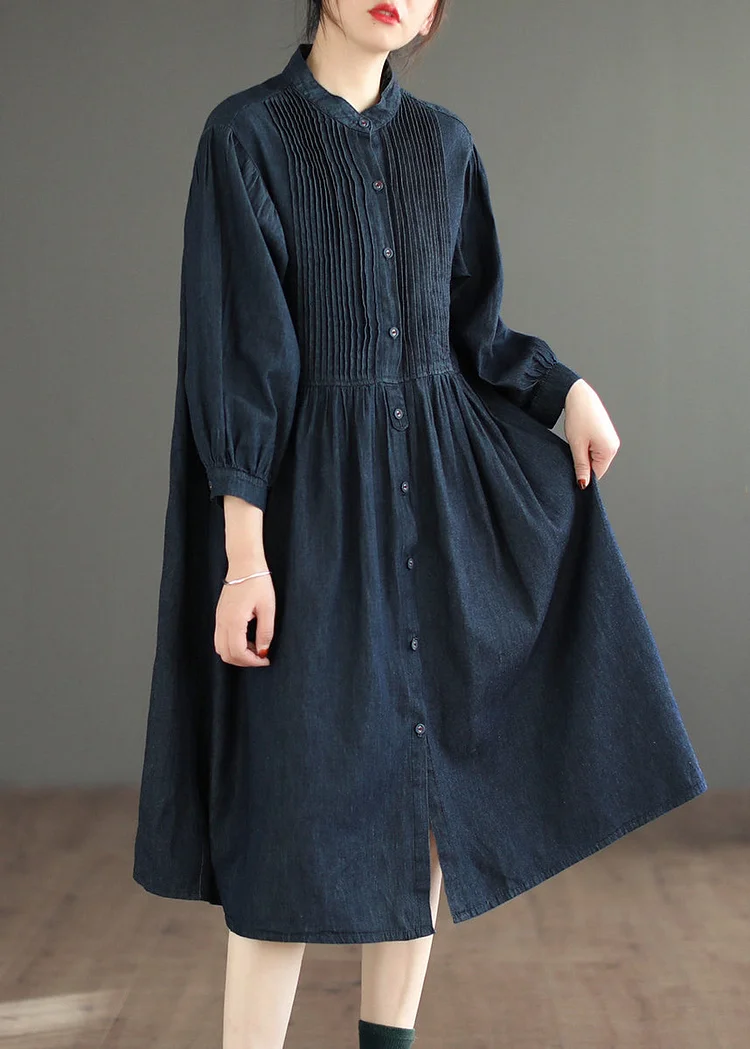 Navy Solid Button Denim Blouses Dresses O Neck Long Sleeve