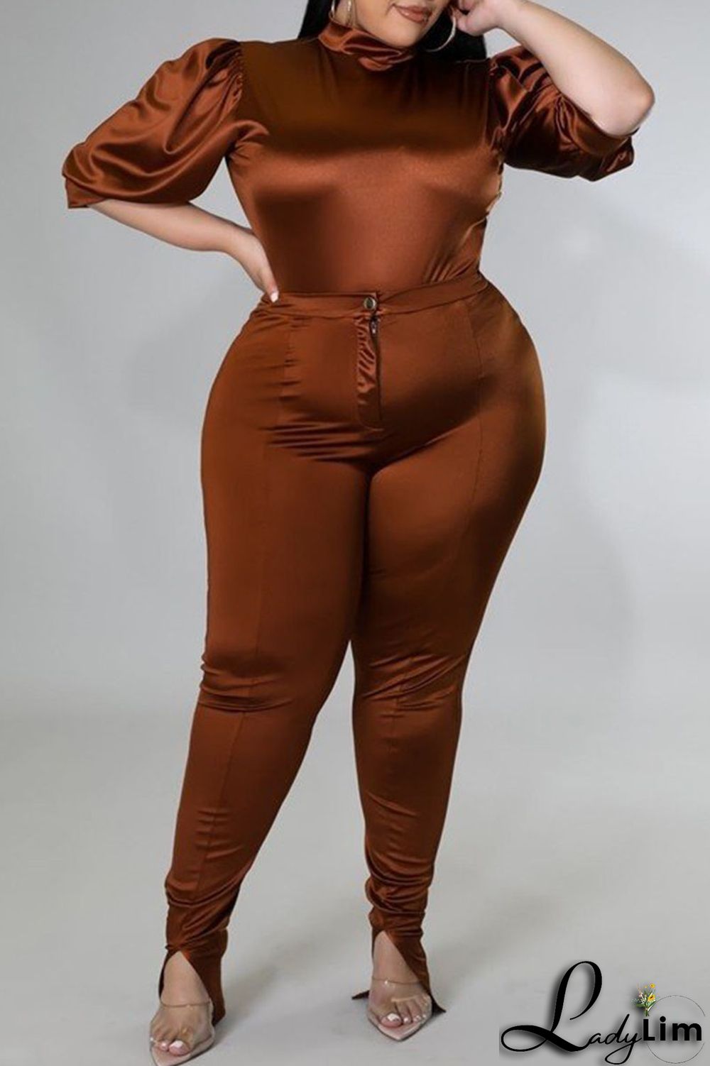 Coffee Casual Solid Patchwork Half A Turtleneck Plus Size Two Pieces