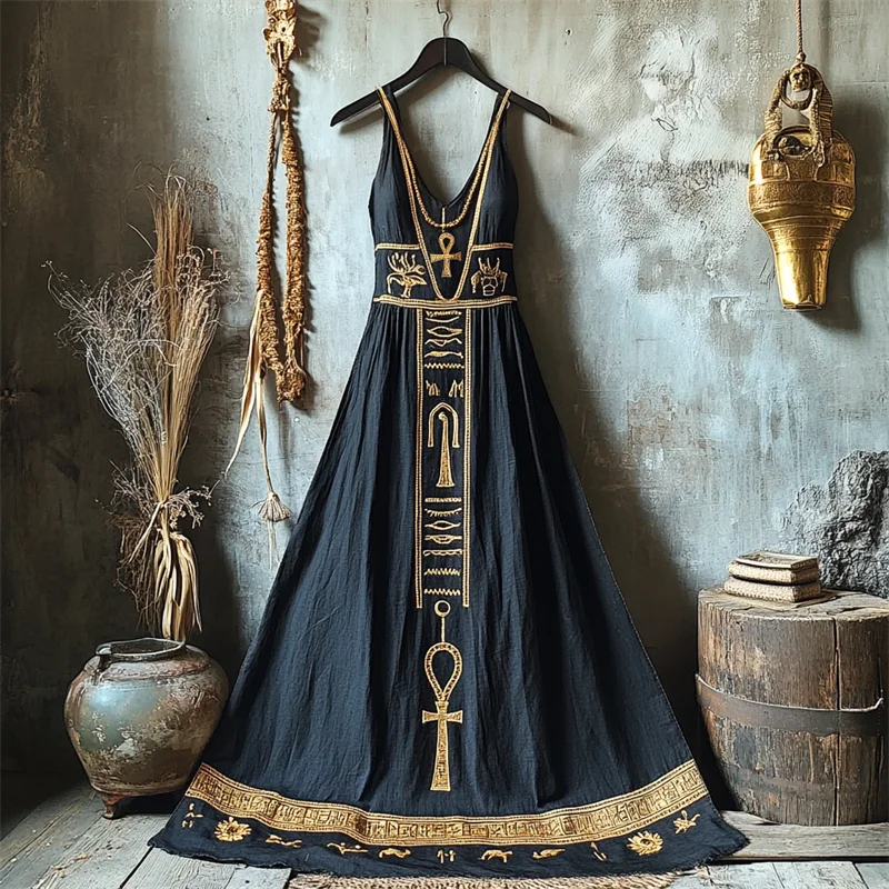 Ankh Ancient Egyptian Folk Embroidered Linen Maxi Dress