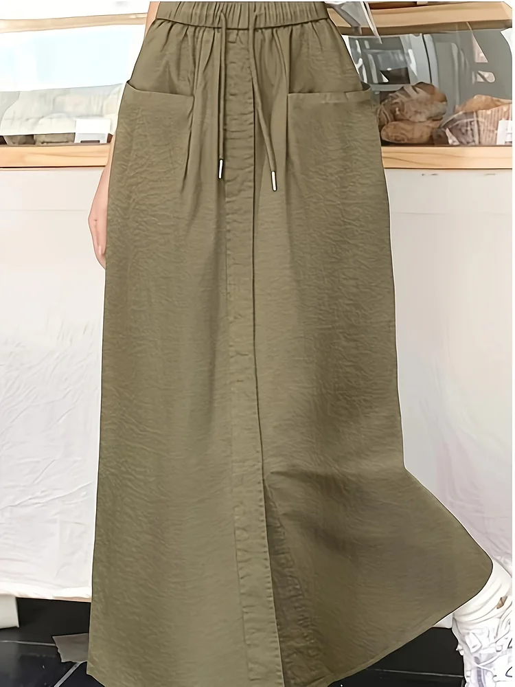 Women's Olive Green Maxi Skirt - Non-Stretch Formal & Casual A-Line Skirt With Flared Slit, Loose Fit Everyday Office To Party Outfits, Cute Skirt