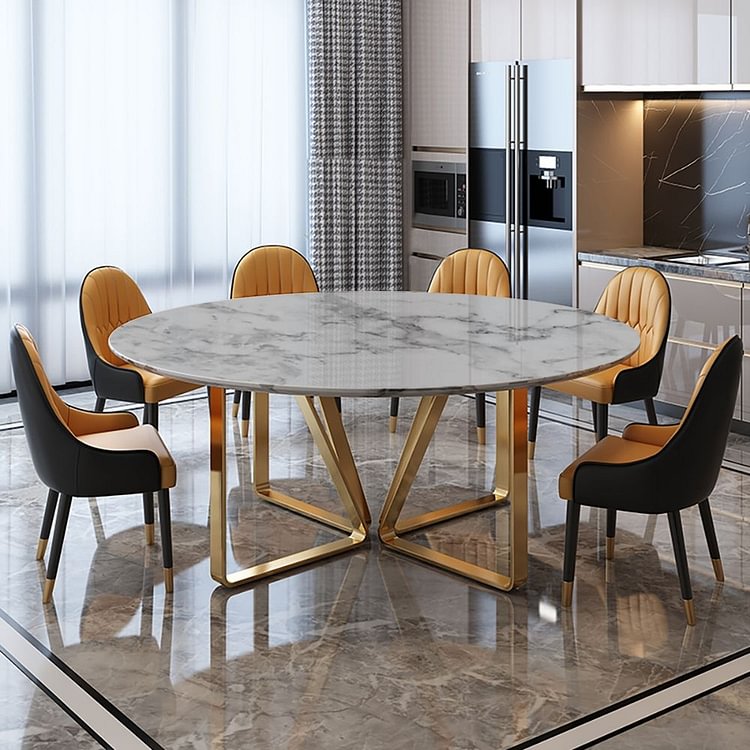 Homemys Modern Round Marble Dining Table with Stainless Frame