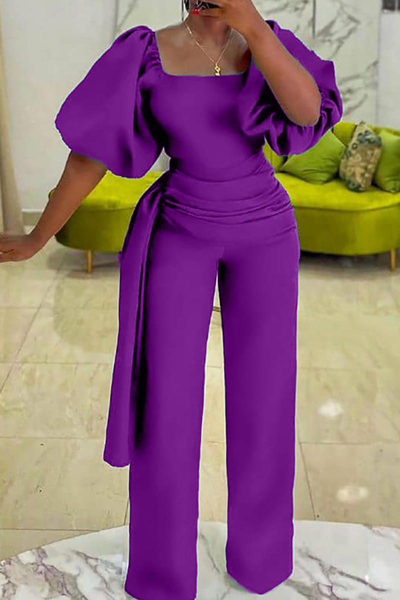 Purple Casual Solid Make Old Square Collar Straight Jumpsuits | EGEMISS