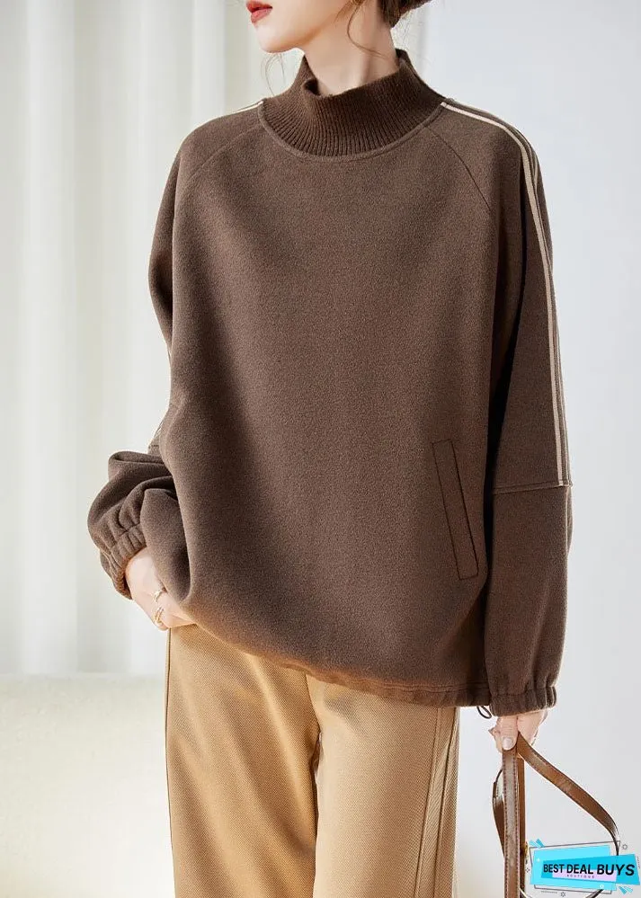 Women Khaki Striped Patchwork Drawstring Thick Pullover Fall