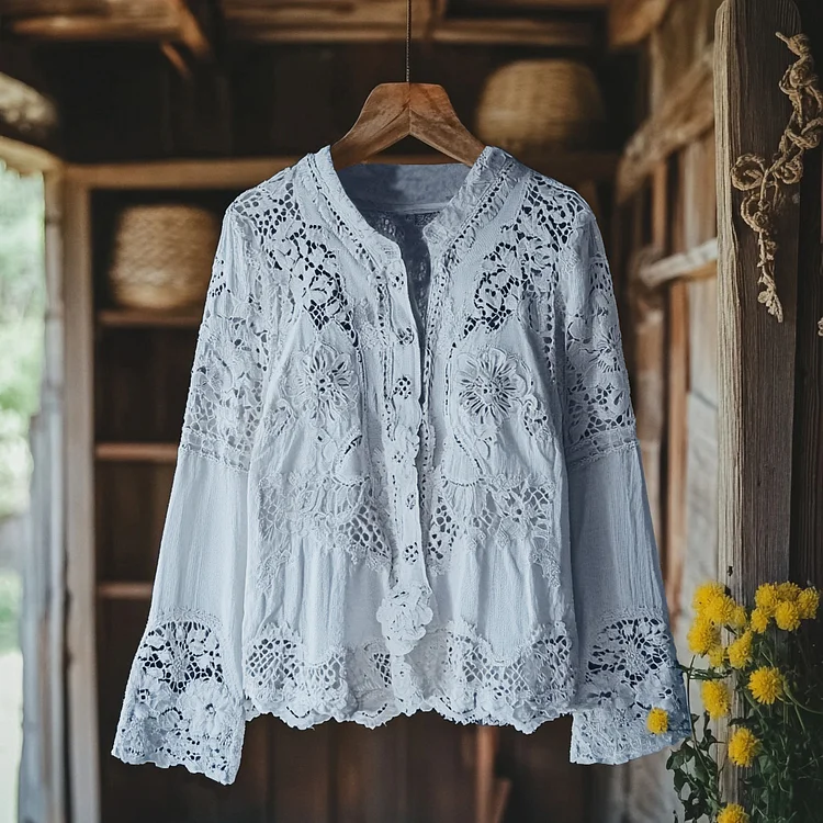 Women's Retro Floral Lace Embroidery Art V-neck Shirt