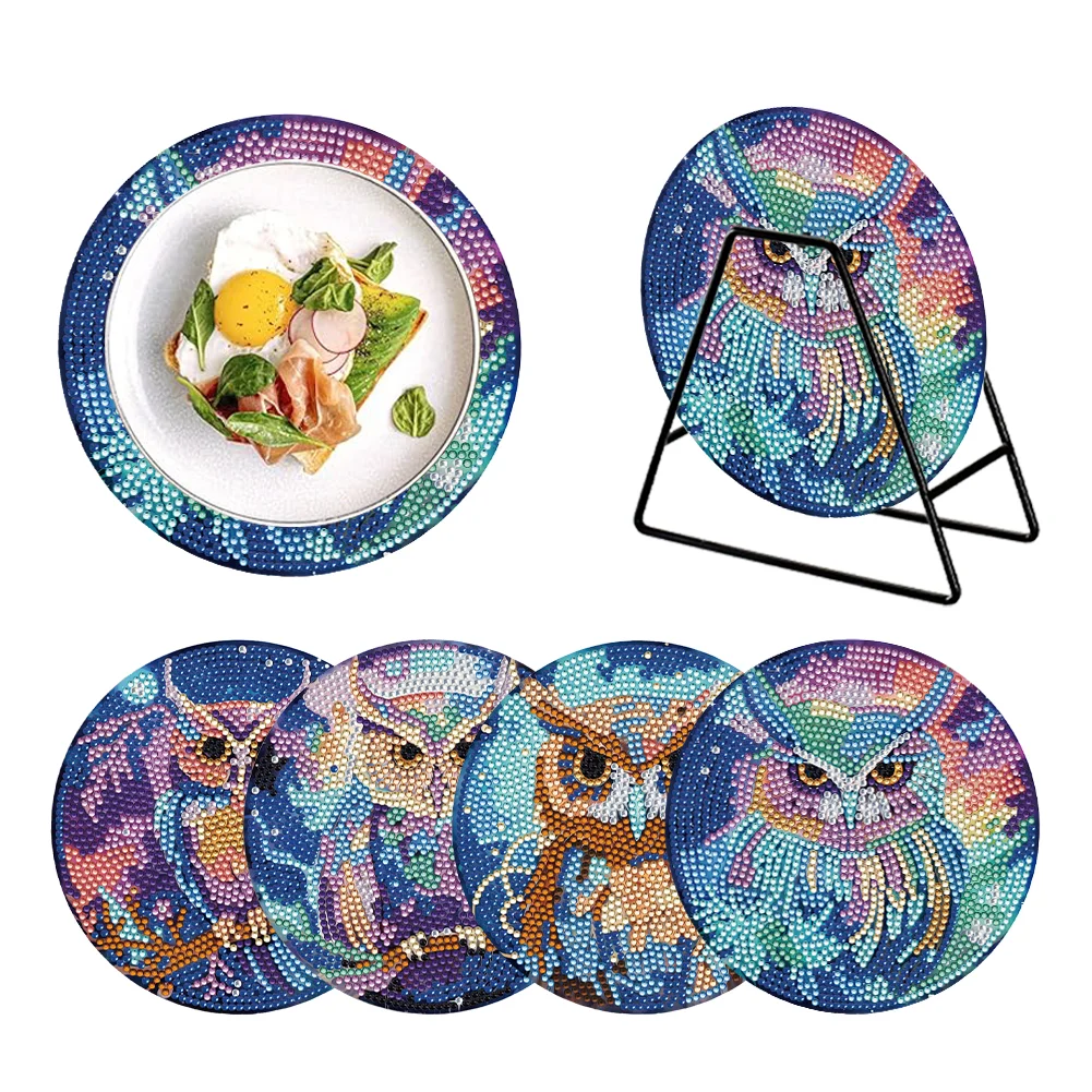 4 PCS DIY Owl Acrylic Diamond Painted Placemats with Holder