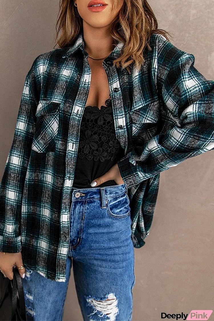 Green Pocketed Plaid Shacket