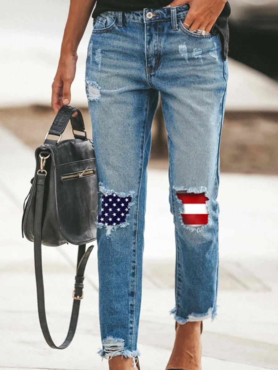 America Flag Stars and Stripe Worn Out Jeans