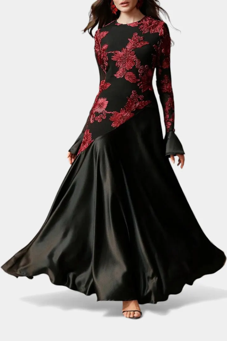 Long-Sleeve Floral Embroidered Satin Maxi Dress