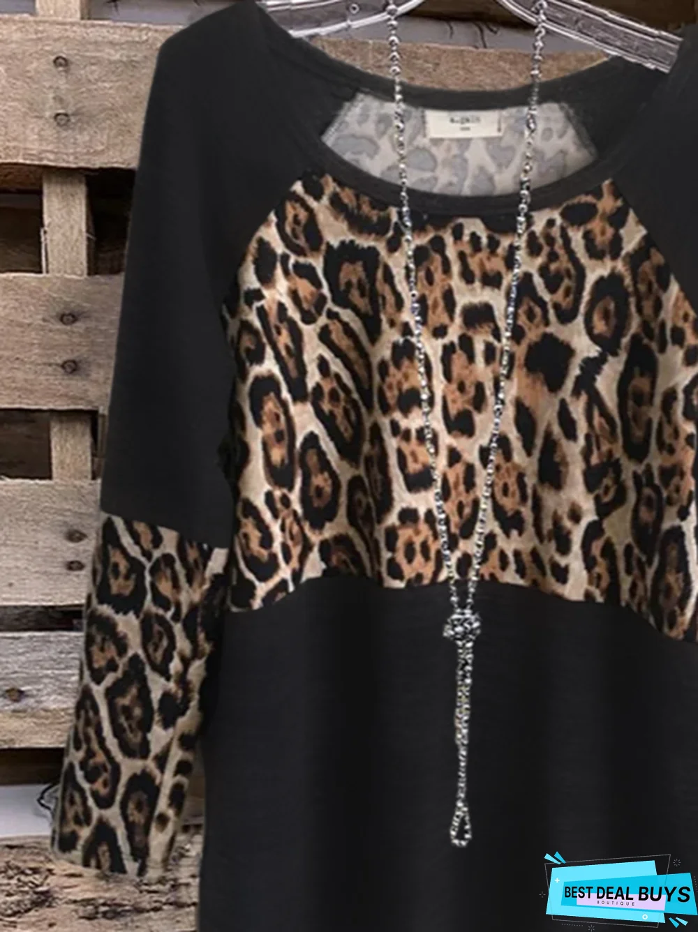 Black Cotton-Blend Casual Crew Neck Leopard Top