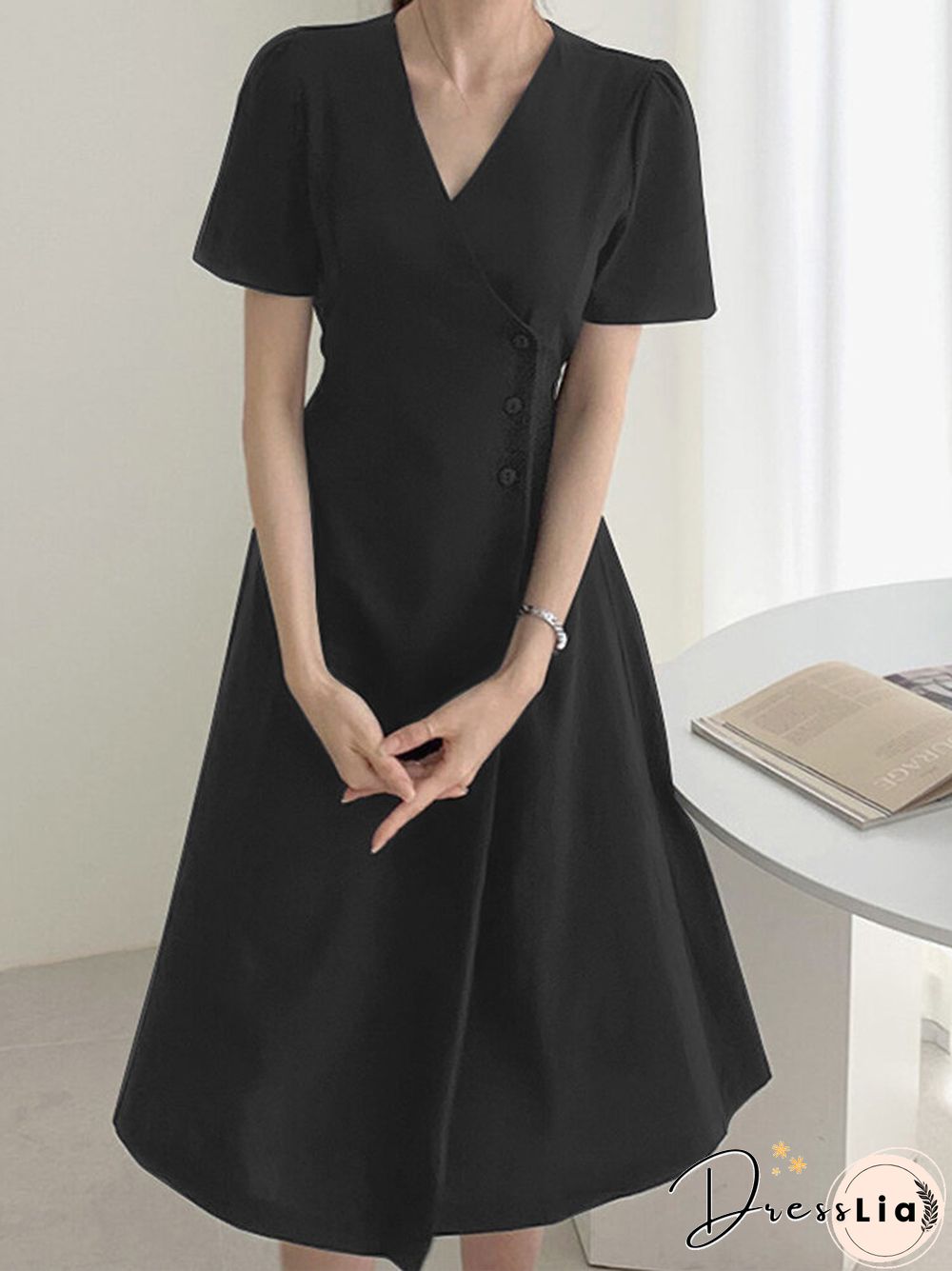 Solid Warp Button Front V-neck Short Sleeve Casual Dress