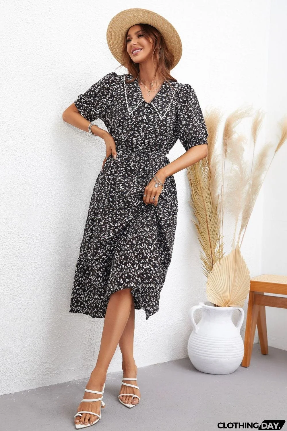 Floral Tie Waist Collared Neck Tiered Dress