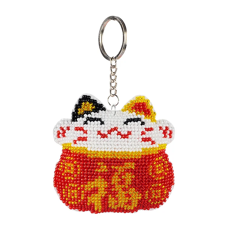 DIY Full Beads Cat Shape Printed Embroidery Keychains Cross Stitch Pendant