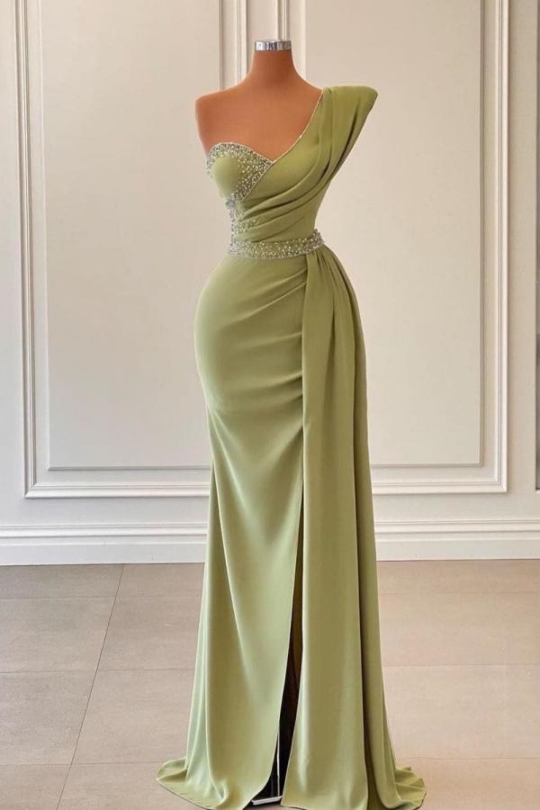 Dresseswow One Shoulder Sage Mermaid Evening Dress Long Ruffles With Beads