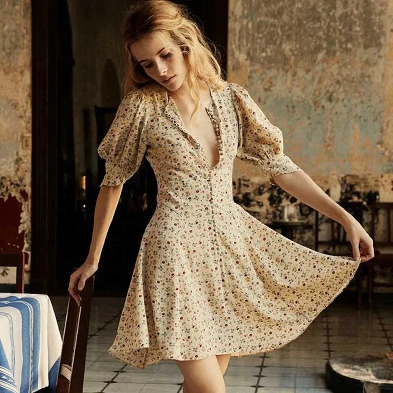 BOHO INSPIRED yellow floral V-neck pleated summer dress buttons puff sleeve elegant ladies dress cute 2023 mini boho dress women