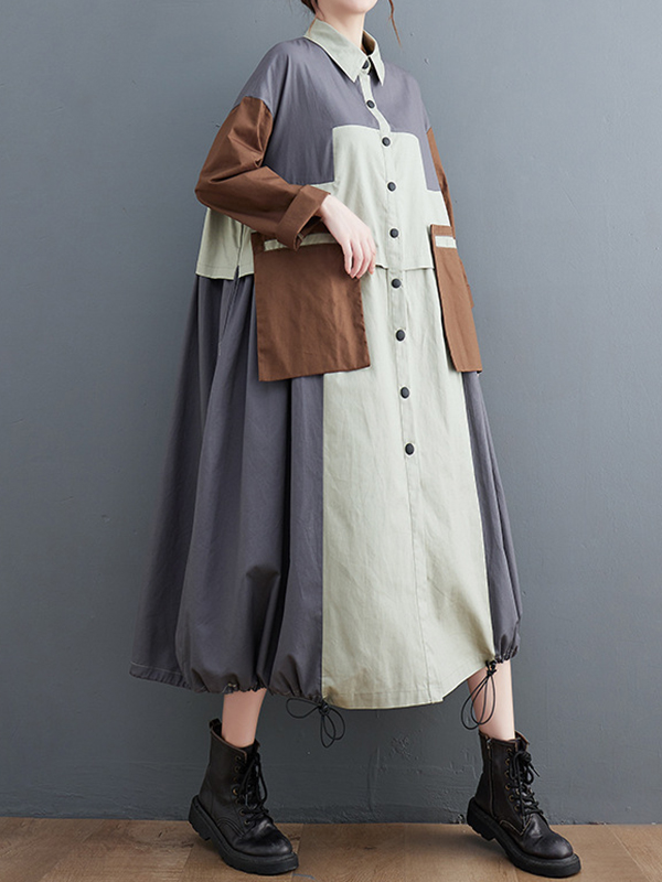 Loose Polo Collar Color Matching Midi Coat