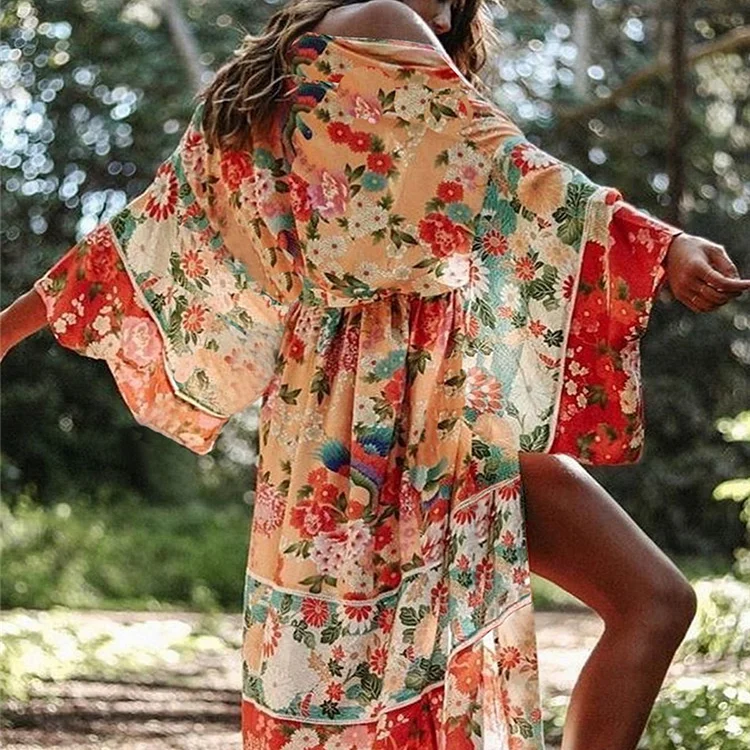 Ejimei Soft Chiffon Fabric Cover-Ups Floral Bikini，Open Up Size Overalls Wraps,Robes Kaftan Bohemian dress,Boho Clothing,Beach Outfits