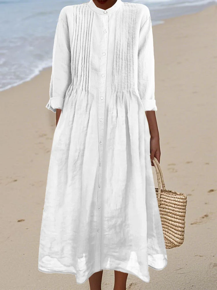 Women's Pleated Cotton and Ramie Long-sleeved Dress