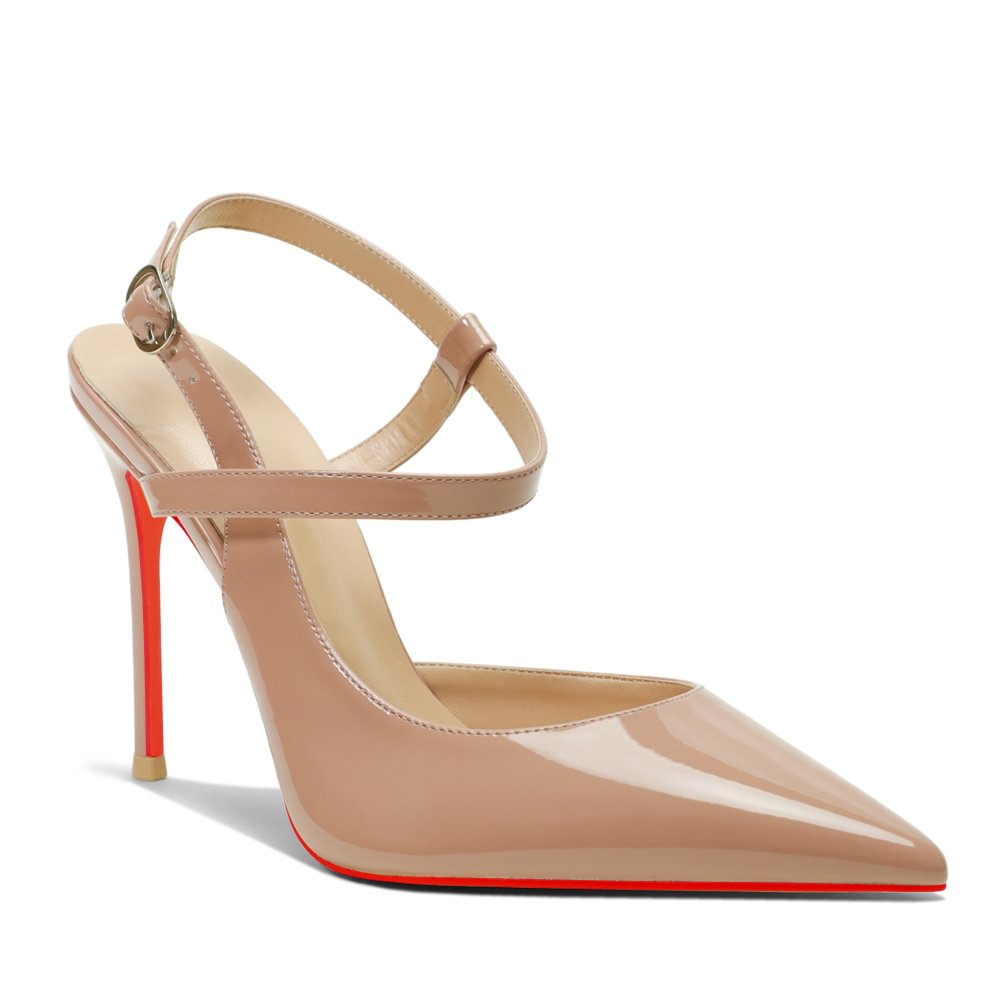100mm Women Slingback Pumps Ankle Strap Jenlove Stiletto Mid Heel Close Pointed Toe Dress Red Bottoms Shoes-MERUMOTE