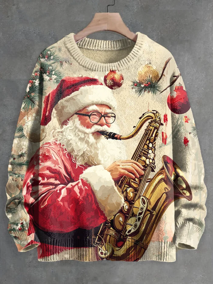 Men's Santa Playing Saxophone Christmas Tree Print Knit Sweatshirt