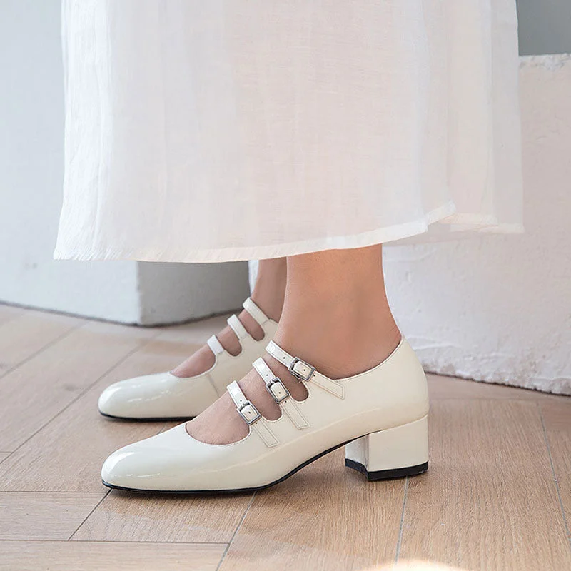 Classic Buckle Strap Patent Leather Block Heel Mary Jane Pumps - White