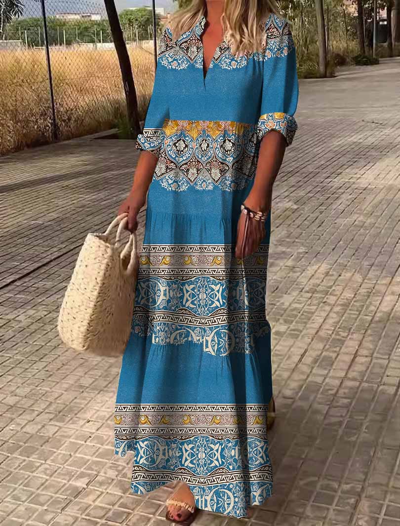 Women Retro,Apricot,Blue DZDN0733 SPU Printed Long Sleeve V-neck Maxi Dress