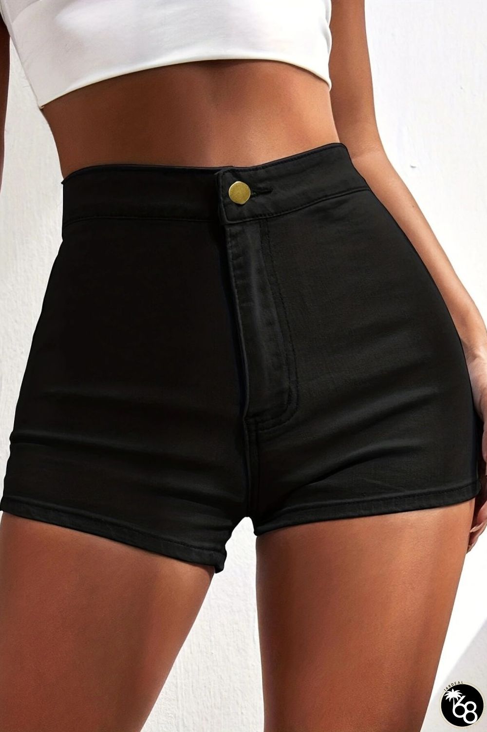 Black Casual Solid Patchwork High Waist Skinny Denim Shorts | 168DEAL