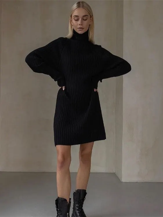Uveng Uveng Turtleneck Dress Women's Leisurely Loose Thick Pit Strip Solid-Colored Bag-Up 2023 Autumn And Winter Knitted Dress