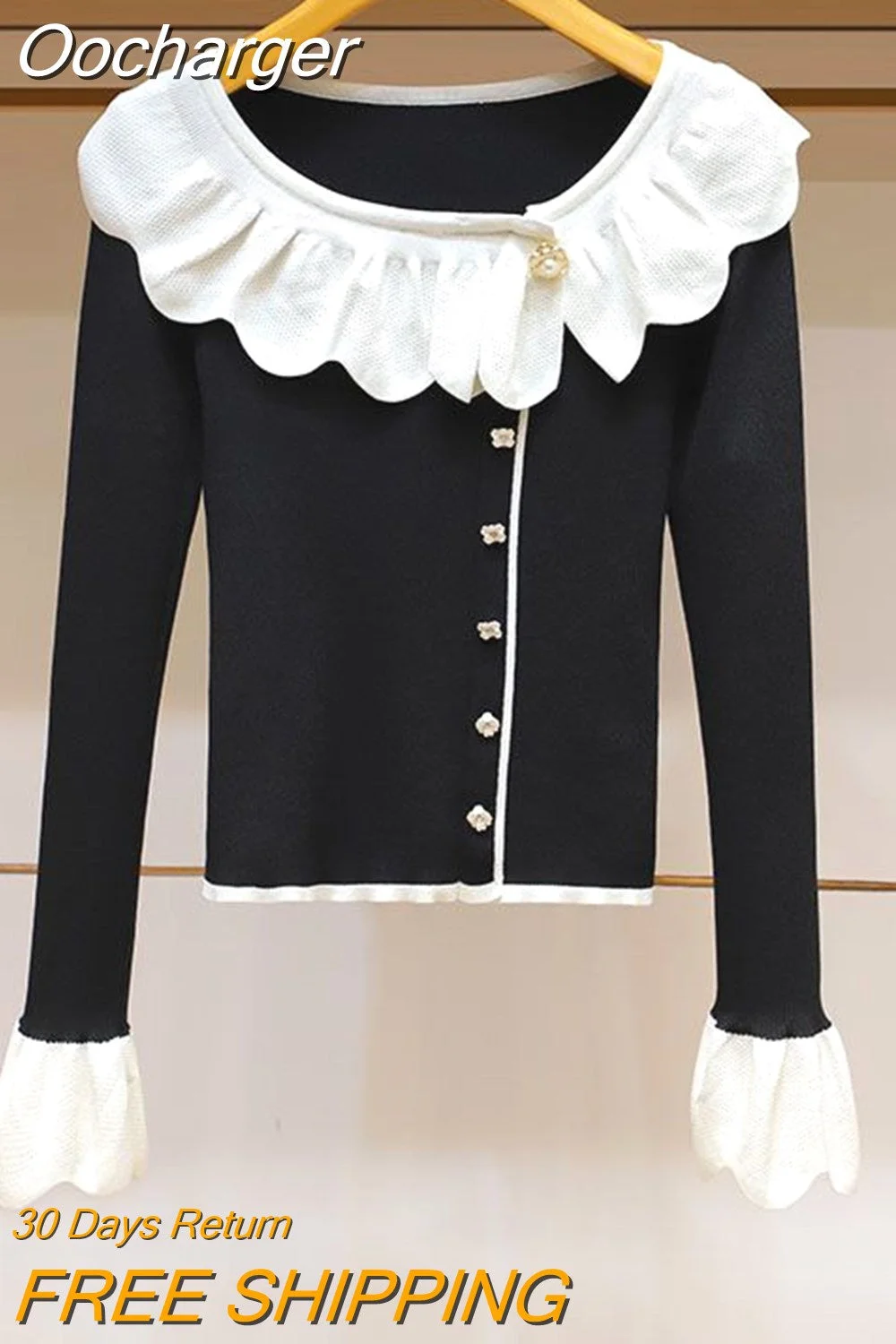 Oocharger Ruffles Contrast Color Short Slim Women Sweaters Korean Fashion Elegant Cardigans Sweet All Match Chaqueta Mujer Tops