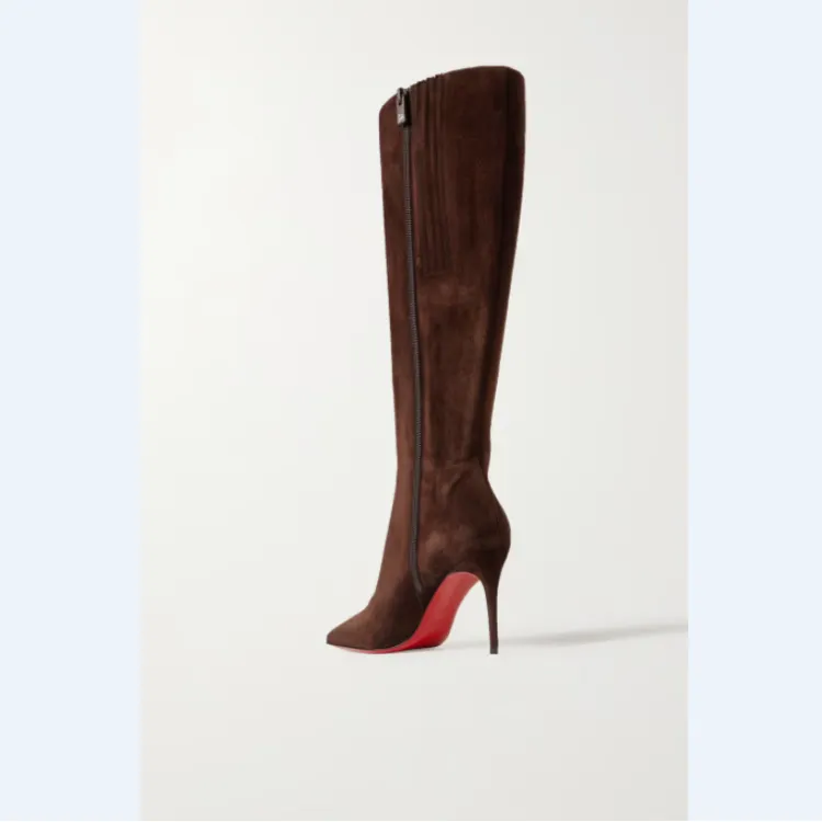 10CM/4 inch Women's Middle Heels Red Bottom Long Boots Knee Sexy Dress Patent Suede Boots