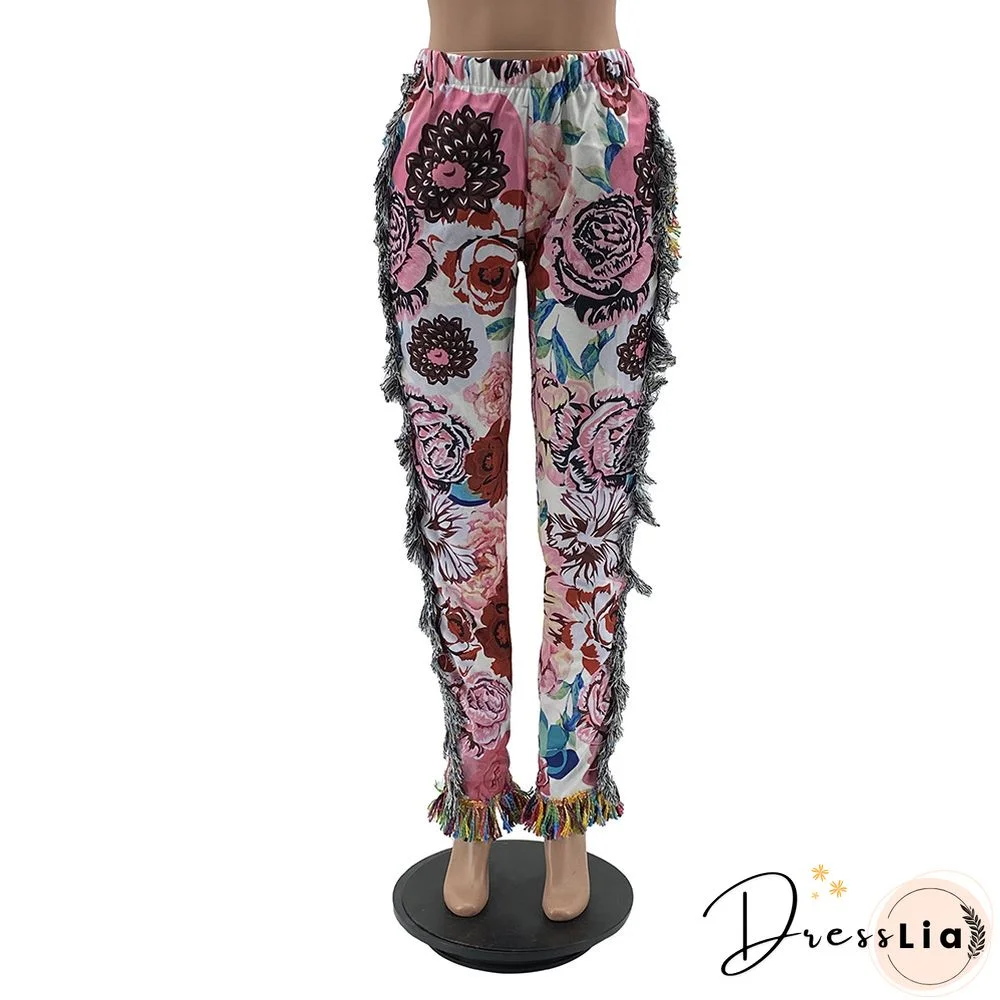 Side Tassels Patchwork Elastic Waist Women Print Jogger Pant